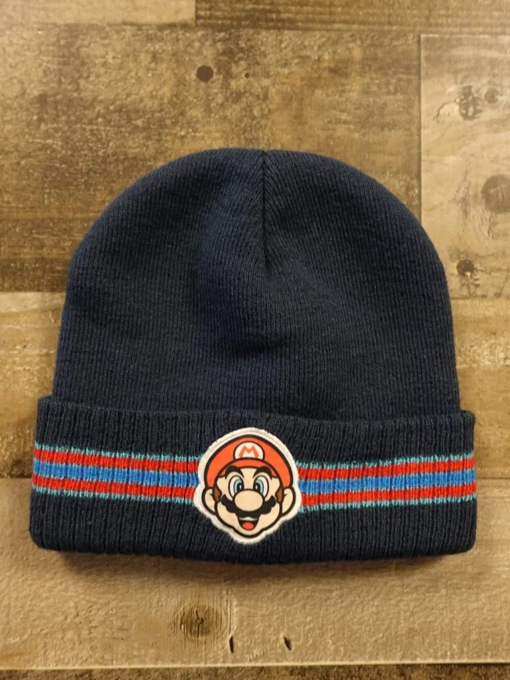 Super Mario Knit Beanie Hat Youth OSFM Navy Striped Nintendo Character